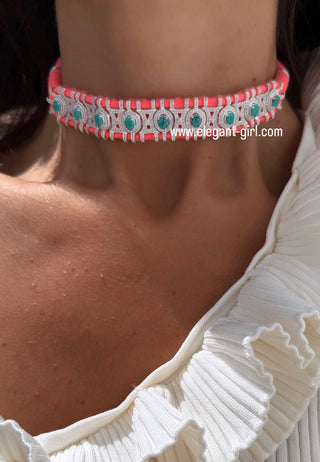 WOVEN GEM NEON ORANGE WITH TURQUOISE STONES CHOKER