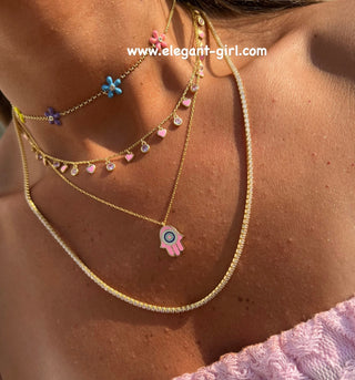 EYE PINK BLUE HAMSA HAND NECKLACE