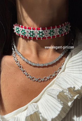 WOVEN GEM RED WITH EMERALD FLOWERS CHOKER