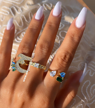 ARABIC LETTERS GREEN X AQUA MARQUISE RING