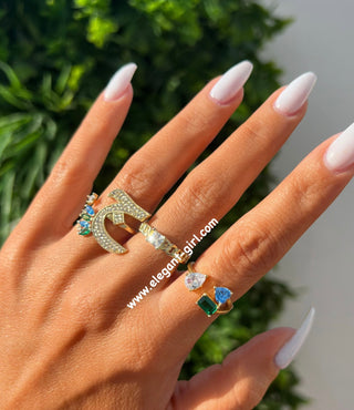 ARABIC LETTERS GREEN X AQUA MARQUISE RING