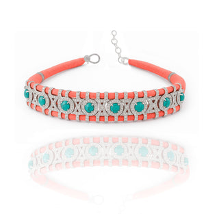 WOVEN GEM NEON ORANGE WITH TURQUOISE STONES CHOKER