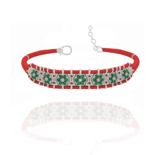 WOVEN GEM RED WITH EMERALD FLOWERS CHOKER