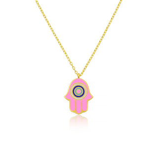EYE PINK BLUE HAMSA HAND NECKLACE