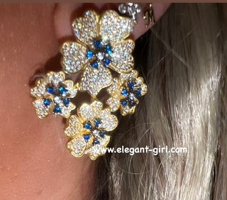 GOLD SAPPHIRE BLUE STONES FLOWERS EARRING