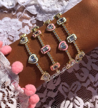 NEW PINK EMERALD SHAPE IN GOLD TENNIS BRACELET