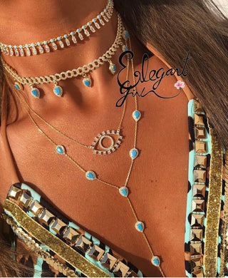 BABY BLUE BEADS MARQUISE CHOKER GOLD - ELEGANT GIRLS