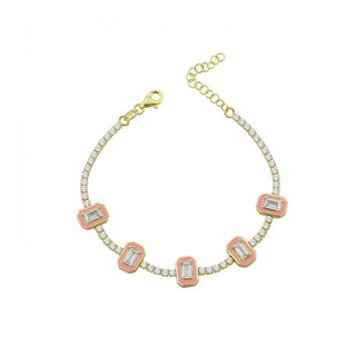 NEW PINK EMERALD SHAPE IN GOLD TENNIS BRACELET