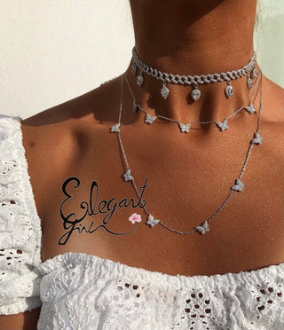 SILVER BUTTERFLY CHOKER & LONG NECKLACE - ELEGANT GIRLS