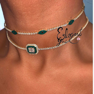 EMERALD CUT ENAMEL GREEN CHOKER - ELEGANT GIRLS