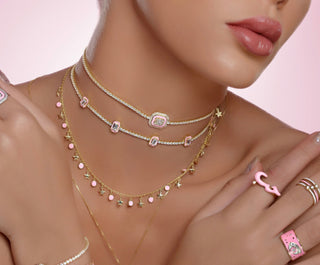 NEW EMERALD SQUARE PINK IN GOLD TENNIS CHOKER