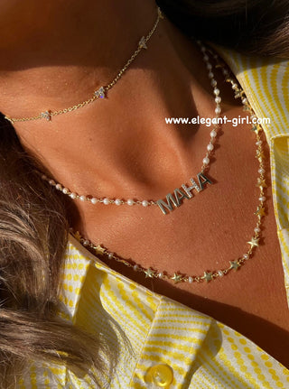DIAMOND LETTER NAME X PEARLS CHAIN NECKLACE
