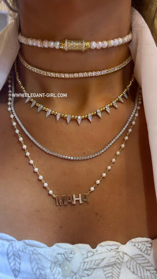 DIAMOND LETTER NAME X PEARLS CHAIN NECKLACE