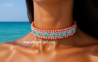 WOVEN GEM NEON ORANGE WITH TURQUOISE STONES CHOKER