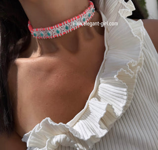 WOVEN GEM NEON ORANGE WITH TURQUOISE STONES CHOKER