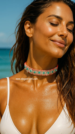 WOVEN GEM NEON ORANGE WITH TURQUOISE STONES CHOKER