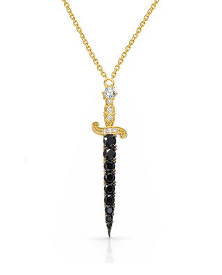 Gold sword pendant necklace with black stones and diamond details by Elegant Girl