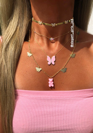 GOLD BUTTERFLY PINK GUMMY BEAR NECKLACE