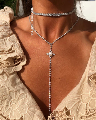 SILVER LONG DIAMOND STARS PEARL NECKLACE