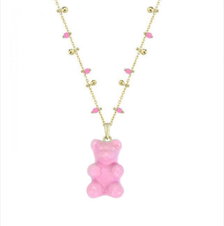 PINK BUBBLE GUM GUMMY BEAR CANDY BEADS CHAIN  NECKLACE