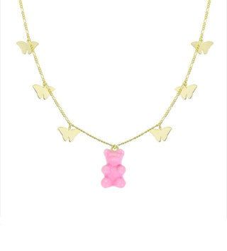 GOLD BUTTERFLY PINK GUMMY BEAR NECKLACE