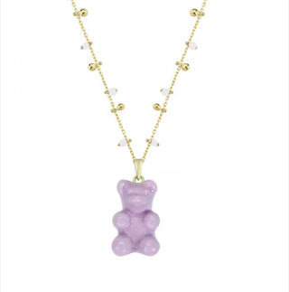 PURPLE GUMMY BEAR CANDY WHITE BEADS CHAIN  NECKLACE