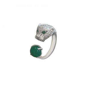 SILVER PANTHER WITH GREEN STONE RING