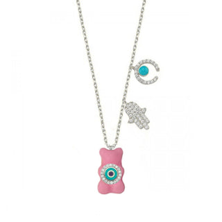 SILVER PINK EYE GUMMY BEAR CHARMS NECKLACE